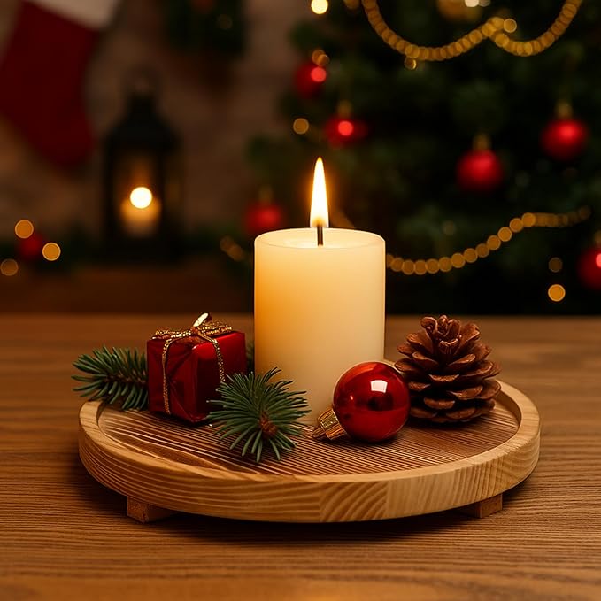 Decorative Round Wood Tray for Bathroom Counter Kitchen Decor Trays Wooden Riser Small Coffee Dining Table Tray Vanity Bathroom Sink Accessories for Soap Perfume Trays Countertop Candle Pedestal Stand