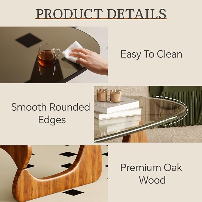 Coffee Table for Living Room Mid Century Modern Center Table with Glass Top and Wood, Transparent/Walnut