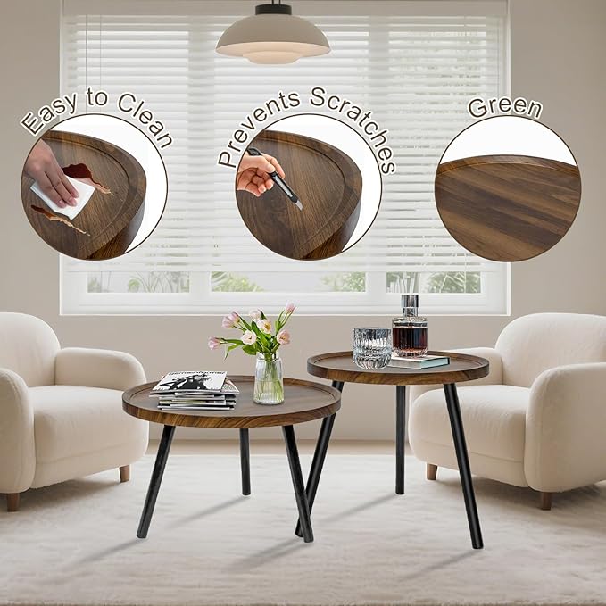 Jessie 2 Pcs Small Round Coffee Tables,Mid Century Modern Nesting Tables,Easy Assembly Circle Walnut Coffee Tables with Non-Slip Feet,Wood Grain Top Nesting Coffee Table for Living Room Balcony Yard