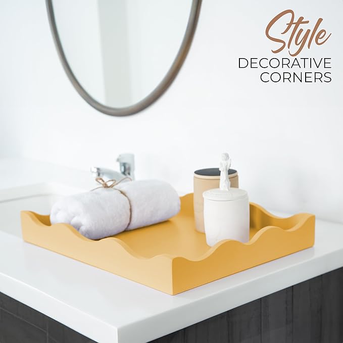 Wooden Scallop Serving Tray - for Coffee Table, Breakfast, Dinner Kitchen Living Room Bedroom, and Home Decor for All Occasions (Peaches & Cream, M)