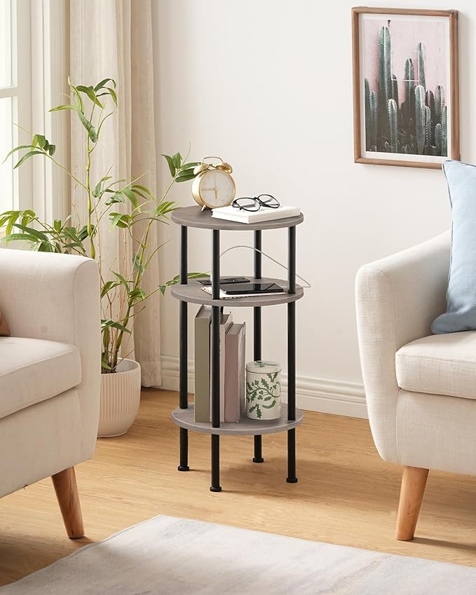 Small Round Side Table with Charging Station, Round End Accent Table, 3-Tier Sofa Side Table for Small Spaces, Nightstand for Living Room, Bedroom, Greige and Black TBZ06UFH