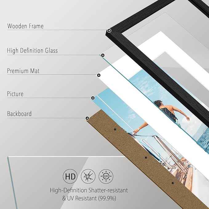 VCK 11x14 Picture Frame Set of 2 - Black, Textured Exclusive Wooden Frames with HD Glass, Display Photo 8x10 with Mat or 11x14 Without Mat
