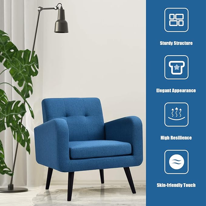 Giantex Upholstered Accent Chair, Modern Mid Century Linen Fabric Living Room Chair with Arms, Max Load 265 Lbs, Comfy Tufted Single Sofa for Reading, Bedroom, Office, Club, Blue