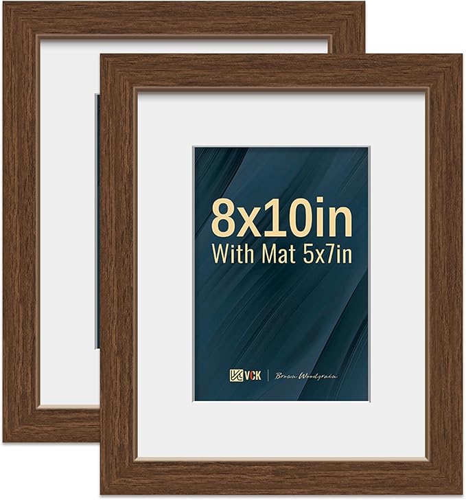 VCK 8x10 Picture Frame 2 Pack - Brown, High-End Wood Poster Frames with Tempered Glass, Display 5x7 Photo with Mat or 8x10 without Mat, Art Gallery-Quality, Wall Hanging/Tabletop, Brown