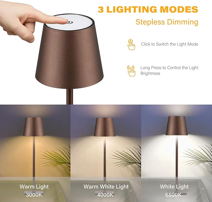 2 Pack Cordless Table Lamps, 3 Colors Stepless Dimming, 5000mAh Rechargeable Battery LED Desk Lamp for Bedroom/Couple Dinner/Desk/Cafe/Dining Room/Terrace