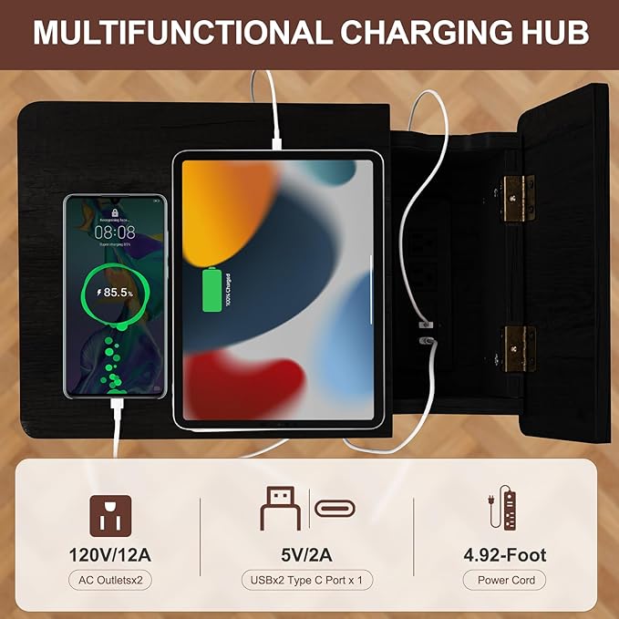 Small Black Side Table Charging Station for Bedroom, Narrow Black Living Room End Tables with Storage, Skinny USB Nightstand with Outlet, Gaming Coffee Table for Couch with USB Ports