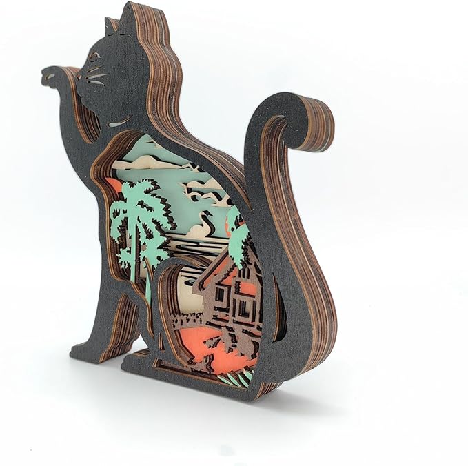 Drawelry 3D Wooden Carving Animals Lamp - Creative Fox Squirrel Wood Carved LED Night Light Garden Yard Wooden Animals Sculpture Ornaments Desktop Home Decor Birthday Gifts for Family Friend (Cat)