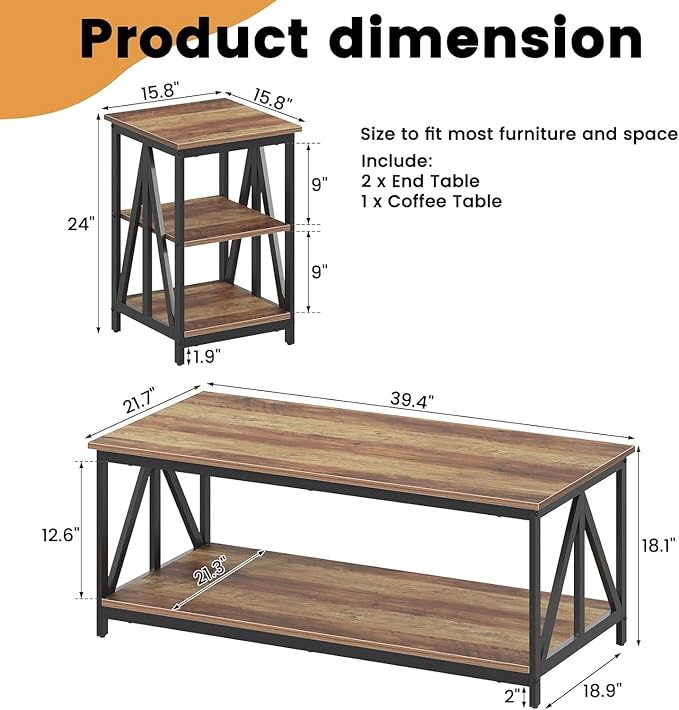 Bigbiglife Living Room Coffee Table Set of 3, Industrial Triangular-Design Coffee Table and 2 End Side Tables, 3 Piece Living Room Table Set with Large Storage for Apartment Home (Rustic Brown)