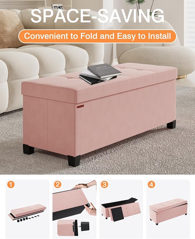 Foldable Storage Ottoman Bench, Velvet Footrest and Seat Cube with Feet, Storage Chest, for Living Room, Bedroom and Office, 15 x 43 x 15.7 Inches, Jelly Pink, ASND24P