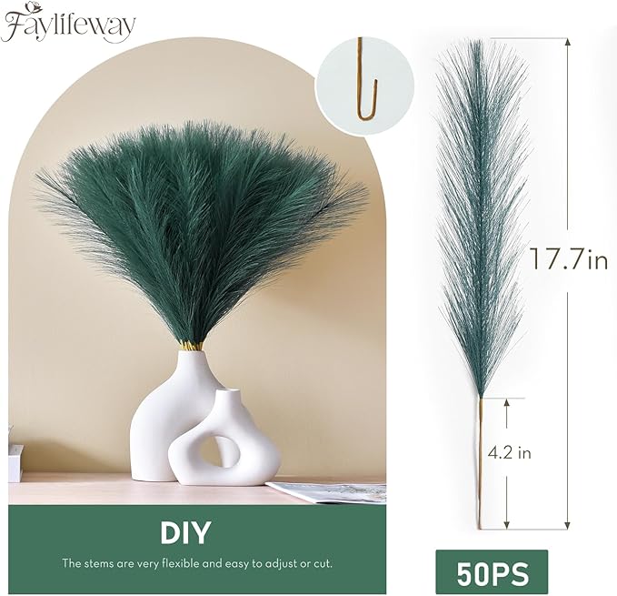 𝟱𝟬𝙥𝙘𝙨 Pampas Grass 𝟭𝟳in, Faux Pampas Grass Office Home Decor, Fake Artificial Pampas Grass Flower Arrangement Vase Filler for Wedding Party Home Boho Decoration (𝗚𝗿𝗲𝗲𝗻)