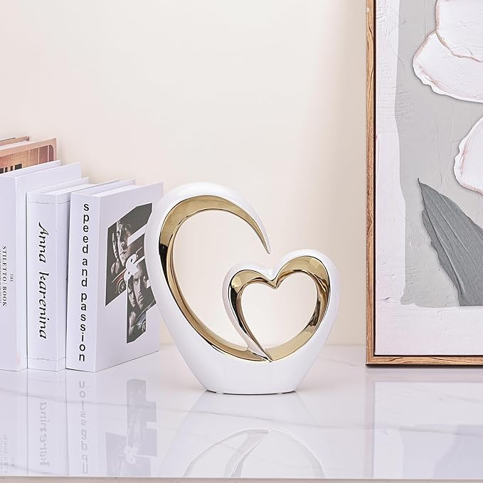 LCCCK Porcelain Double Heart Decor,White and Gold Sculpture Home Decor for Living Room Entryway Coffee Dining Table Shelves, Wedding Anniversary, Valentine's Gift for Couples & Lovers Modern