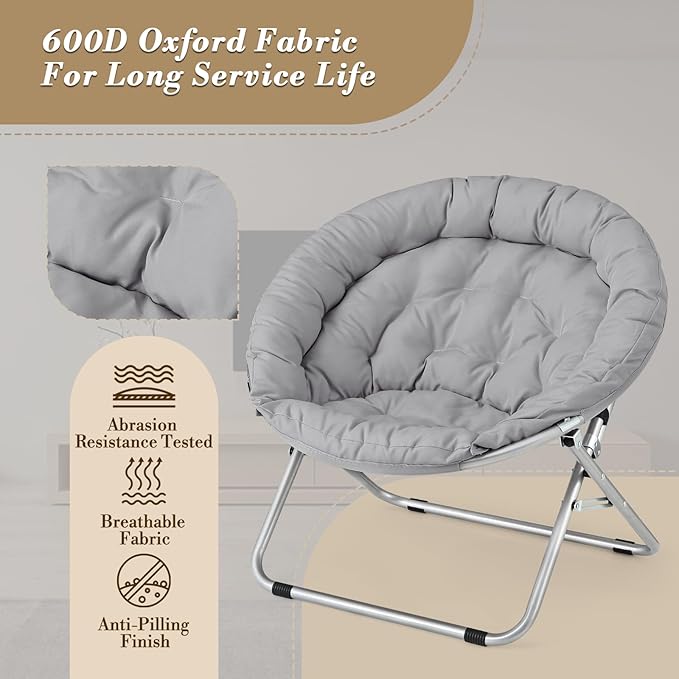 Athena Collection Comfy Saucer Chair, Folding Oversized Cozy Chair for Bedroom Living Room Fabric Reading Chair, Foldable Metal Frame Round Lazy Chair Moon Chair for Adult Set of 2, Gray