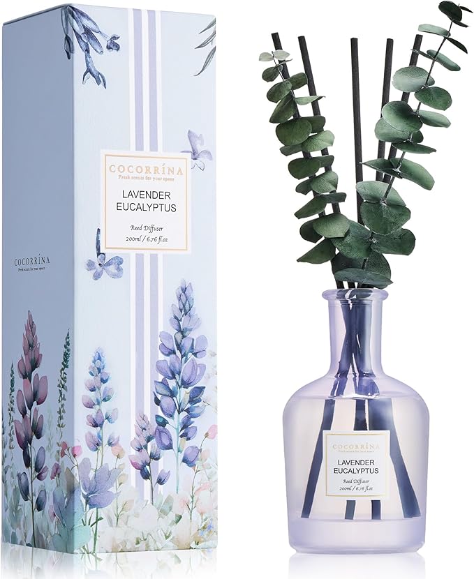 COCORRÍNA Lavender Eucalyptus Reed Diffuser – 6.76 oz Essential Oil with Sticks & Dried Eucalyptus Branches, Home Fragrance for Bedroom or Bathroom Décor
