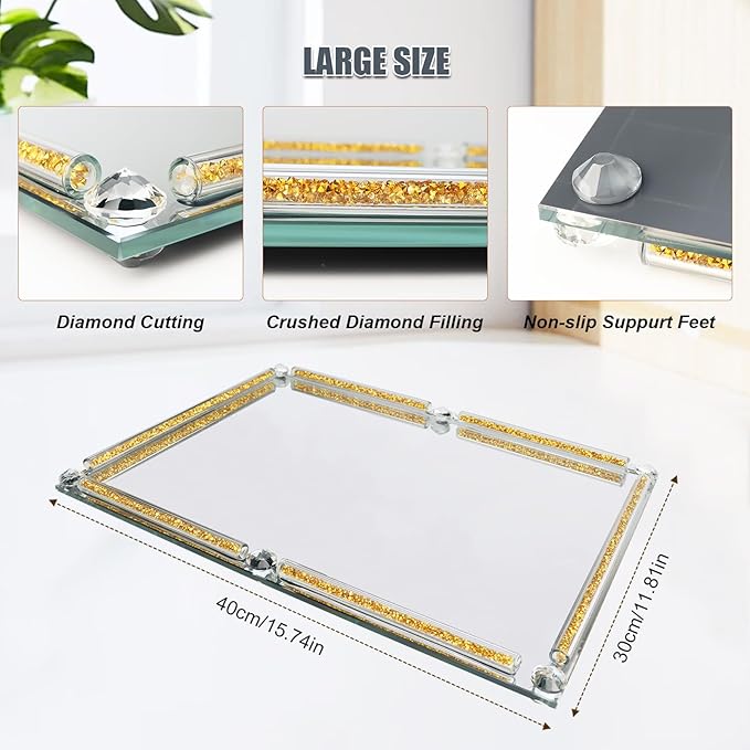 Large Mirror Perfume Tray for Dresser,Crushed Diamond Filled Glass Vanity Tray,Gold Decorative Bathroom Tray,Crystal Tray for Home Decorative,Party,Hotel Banquet,15.7x11.8x1.4inch,Gold