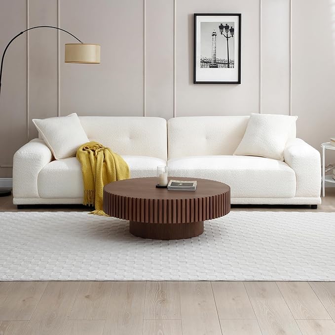 39.37'' Round Coffee Table for Living Room, Modern Wood Nesting Coffee Table Handcraft Circle Fluted Drum Coffee Table, Easy Assembly