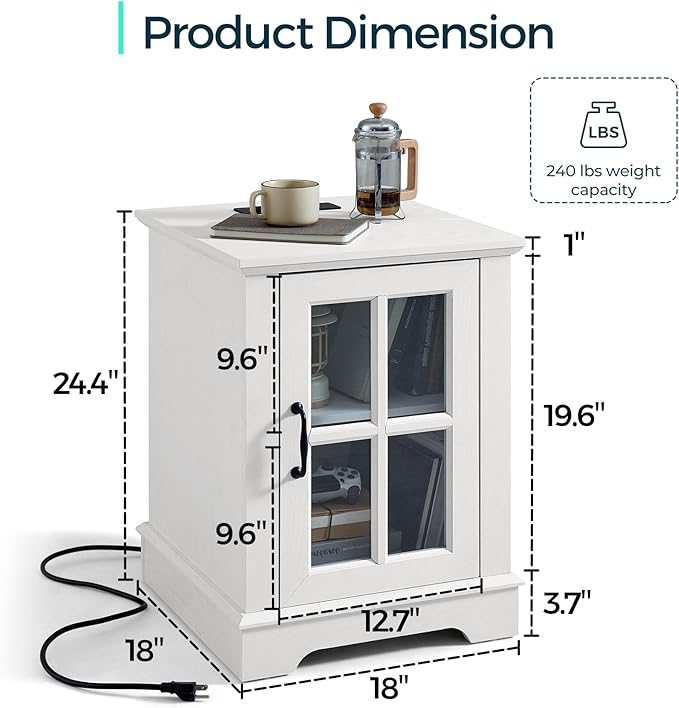 LINSY HOME End Table with Charging Station, Modern Side Table with Storage Cabinet and Adjustable Shelf, Small Sofa Table for Living Room, White