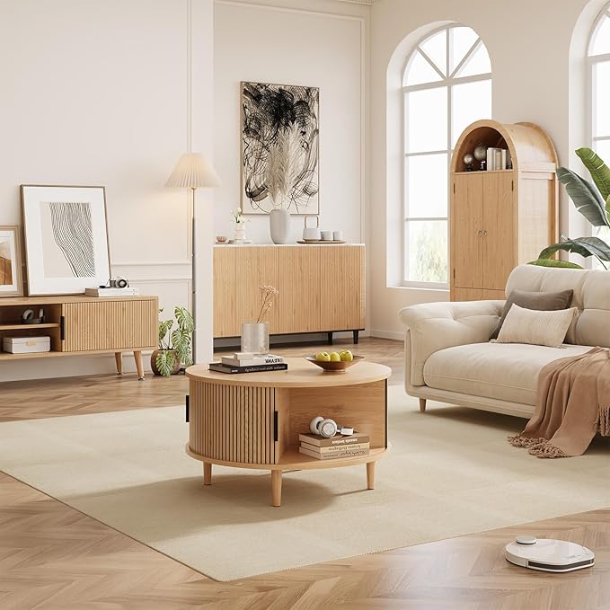 Mid Century Round Coffee Table, Fluted Center Table with Sliding Door, Modern Dining Table with Storage for Home Living Room Office, 31.5", Oak