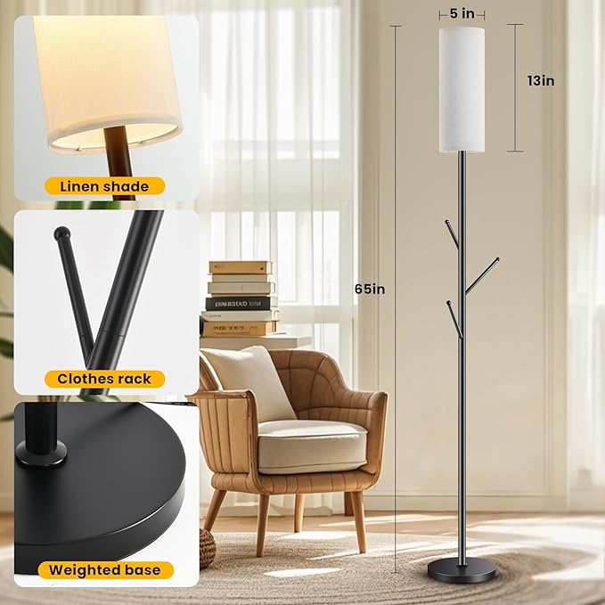 Tall Floor Lamp for Living Room,Modern Standing Lamp with 3 Hooks Clothes Rack,Multi-Functional Floor Light with 9W LED Bulb,Adjustable Color Temperature,Dimmable Floor Lamp for Bedroom Office