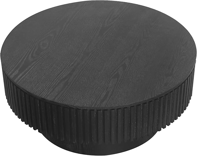 31.5 Inch Round Drum Coffee Table with Storage, Handcraft Fluted Drum Coffee Table, Modern Wooden Round Coffee Table Center Table with Sturdy Pedestal for Living Room Apartment (Black)