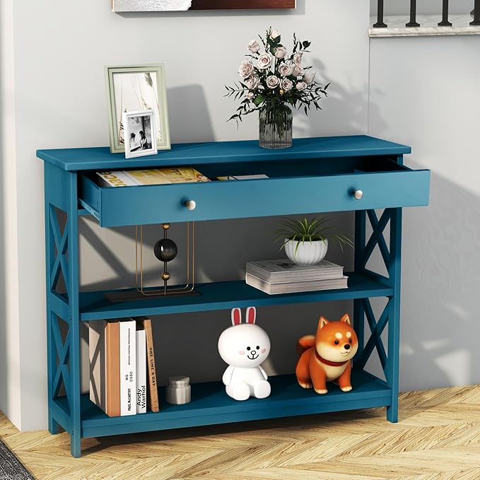 GOFLAME 39" Console Sofa Table with Drawers, 3-Tier Narrow Entry Table with Storage Shelves for Living Room Behind Couch, Entryway (Navy Blue)