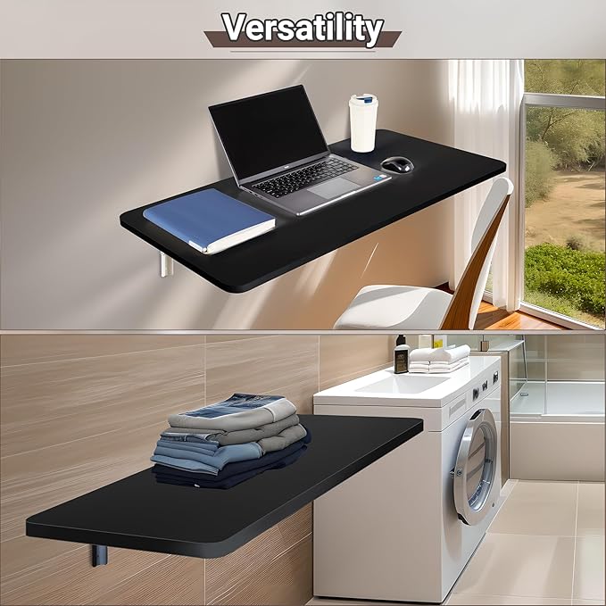 Wall Mounted Folding Table 39.4”L x 19.7”W, Laundry Folding Table with Heavy Duty Metal Collapsible Shelf Brackets, Wall Mounted Desk Fold Down for Small Spaces, Black