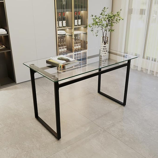 Glass Dining Table, 51'' Rectangle Dining Room Table,Modern Glass Kitchen Table with Tempered Glass Tabletop and Metal Leg,Dining Table for 4 Suitable Kitchen Dining Living Meeting Room(Black)