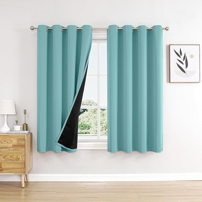 ChrisDowa 100% Blackout Curtains 63 inch Long for Bedroom with Black Liner, 2 Thick Layers Total Blackout Thermal Insulated Grommet Window Curtains 2 Panels Set (Aqua, 52 x 63 Inch)