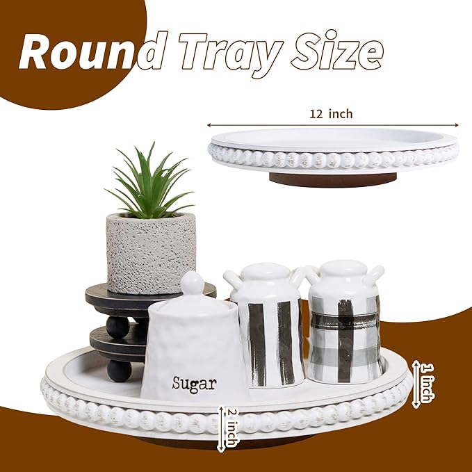 HPC Decor 12Inch Beaded Lazy Susan- Wooden Lazy Susan Organizer for Farmhouse Table Decor, Round Turntable for Table Cabinet,Countertop- Kitchen Turntable 360 Degrees Rotating Table Spinning Tray.