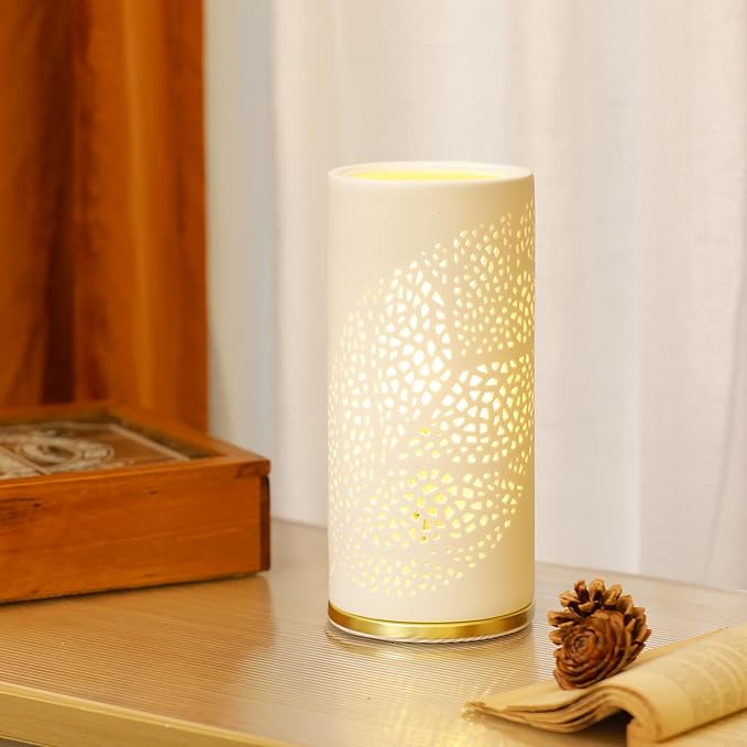 Small Modern Ceramics Bedside Table Lamp, 4.5 x 4.5 x 9.75 Inch White Olive Leaf Style Nightstand Lamps, Side Table Lamps for Bedroom Living Room Entryway Table Light