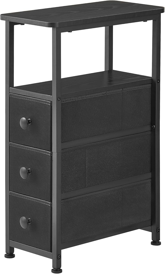 End Table, Narrow Side Table with 3 Fabric Drawers, Slim Nightstand, Small Bedside Table with Storage, Living Room, Bedroom, Black HKET1300BK