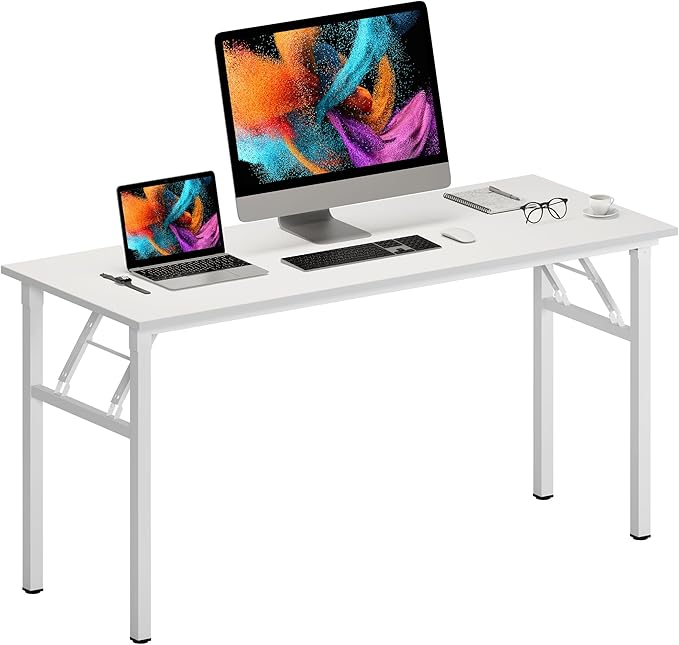 Need Home Office Desk Large Computer Desk 60 inch Sturdy Table Foldable Desk Gaming Computer Table No Assembly Required, White&White Frame AC5DW(152.4 * 60)