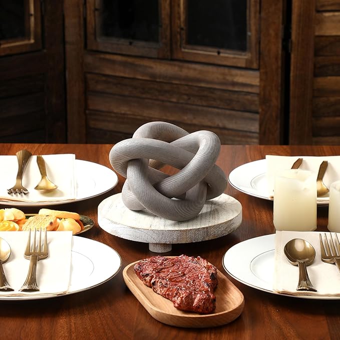 3 Link Wood Knot Decor - Hand Carved Coffee Table Decoration, Boho Chain Link Decor, Modern Shelf, Rustic Objects for Home Living Room Bedroom(Gray)