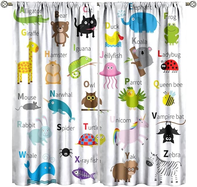 BAEKJIN Alphabet Curtains, Cute Cartoon Animals Pattern Print Decor Window Drapes for Bedroom Living Room 42x45 Inch