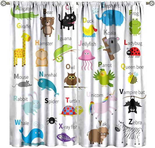 Alphabet Curtains, Cute Cartoon Animals Pattern Blackout Print Window Drapes for Bedroom Living Room 52x84 Inch