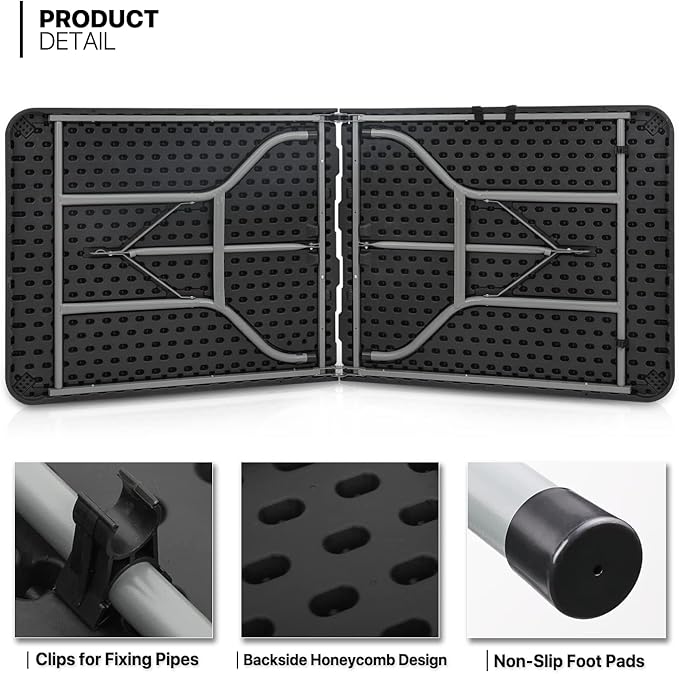 MoNiBloom 6Ft Folding Table, Heavy Duty Portable Plastic Dining Tables Fold in Half Indoor Outdoor Desk w/Handle, Lock for Camping Picnic Party, Black