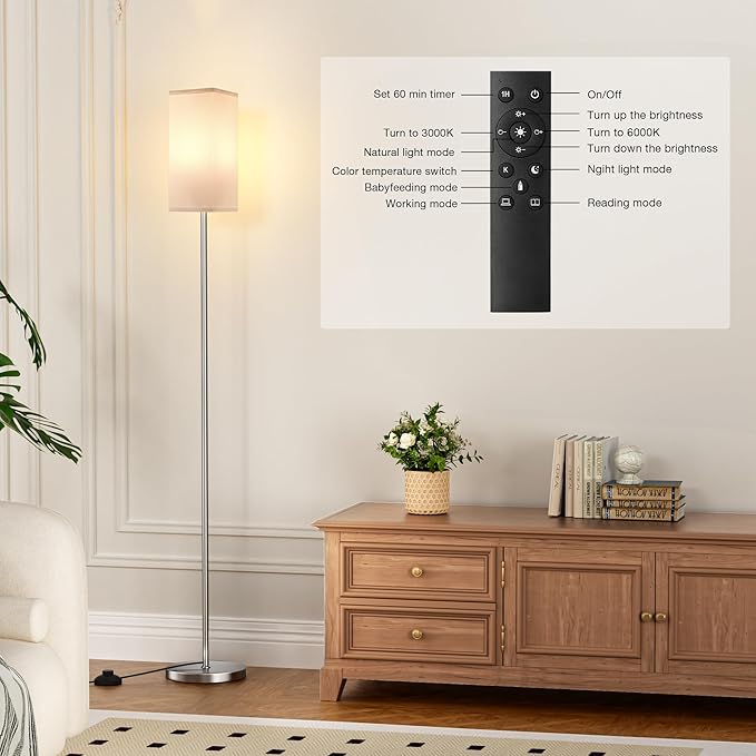 Ambimall Remote Control Floor Lamp, Stepless Dimmable, 64 Inches Tall, Include 9W Bulb, Standing Lamp for Living Room Bedroom Office (White & Sliver)