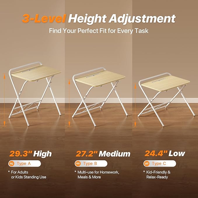 Huuger Folding Desk with 3-Level Adjustable Height and Tablet Slot, 24 Inch Foldable Computer Desk for Small Spaces, Space Saving, Writing Work Table for Home Office, Bedroom, Study, Oak