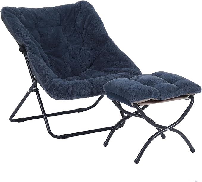 Saucer Chair with Ottoman, Comfy Doorm Chairs, Oversized Folding Faux Fur Chair, Foldable Metal Frame Chair for Bedroom, Living Room(Navy Blue)