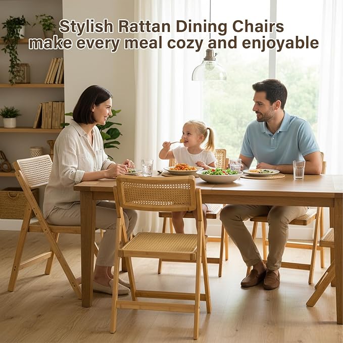 Rattan Folding Chair, Modern Mid Century Dining Chair Set of 1, Outdoor Bamboo Chairs for Bedroom Living Room Reading Room Dining Kitchen, Wood