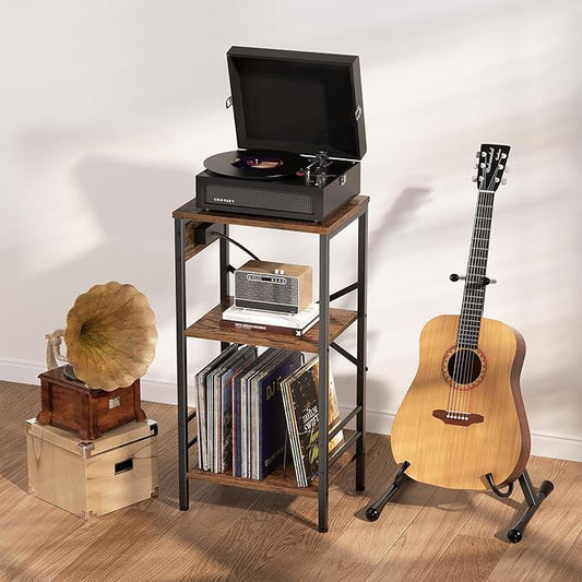 Record Player Stand with Charging Station, 3-Tier Side Table with LED Light, End Table Nightstand for Vinyl Storage, Tall Beside Tables Turntable Stand Living Room, Bedroom, Rustic Brown and Black