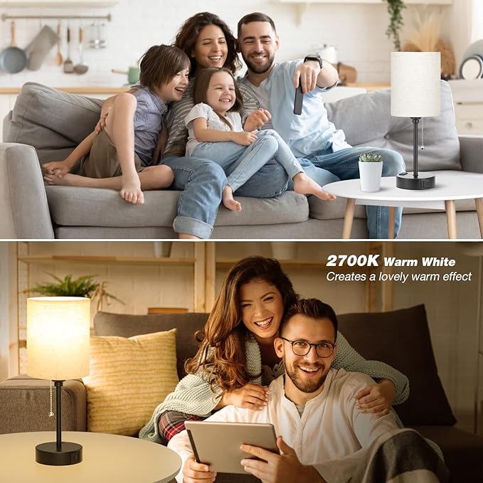 Small Bedside Lamps 3 Color Modes - Off White 3000K 4000K 5000K Bedroom Lamps with USB C and A Ports, Pull Chain Table Lamps with AC Outlet, Nightstand Lamps with Black Metal Base for Kids Reading
