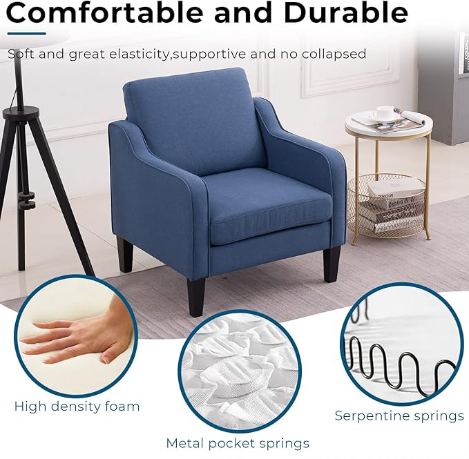 VINGLI Mid Century Modern Accent Chair, Navy Blue Fabric Accent Chairs for Living Room, Upholstered Armchair with Scooped Arms for Bedroom, Apartment, Studio, Office, Waiting Room