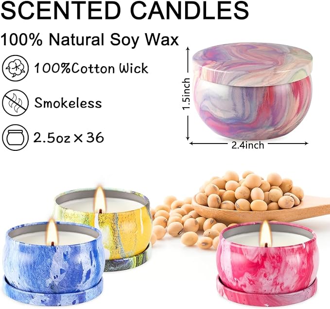 36 Packs Scented Candles Gift Set, Fragrances Candle for Women, 2.5 OZ Portable Jar Candle for for Spa, Yoga, Bath, Aromatherapy, Stress Relief
