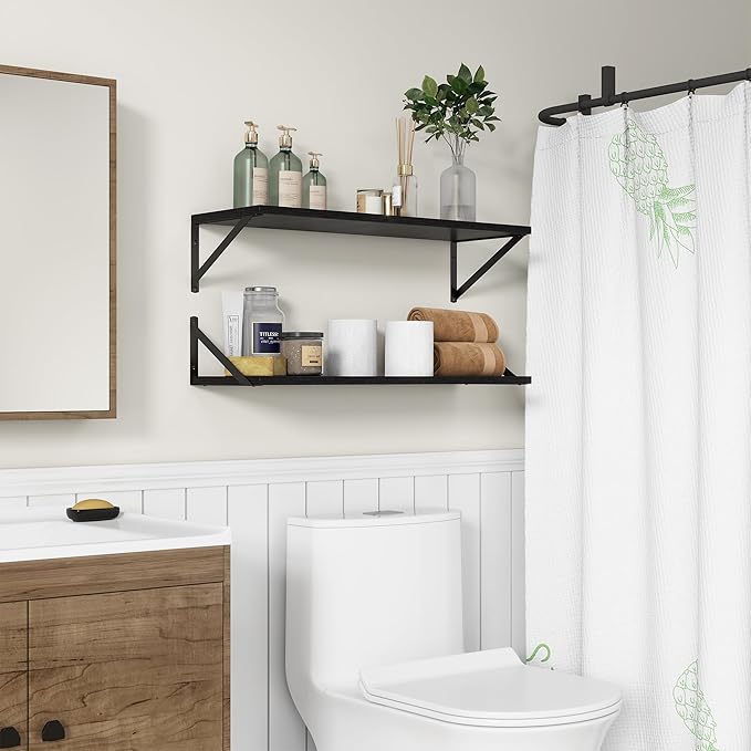 10 Inch Deep Floating Shelves, Black Floating Shelves 30 Inch Long, Rustic Wood Wall Shelves 30"W x 10"D, Deep Floating Shelf with Bracket, Wide Storage Shelves for Books, Living Room, Bathroom