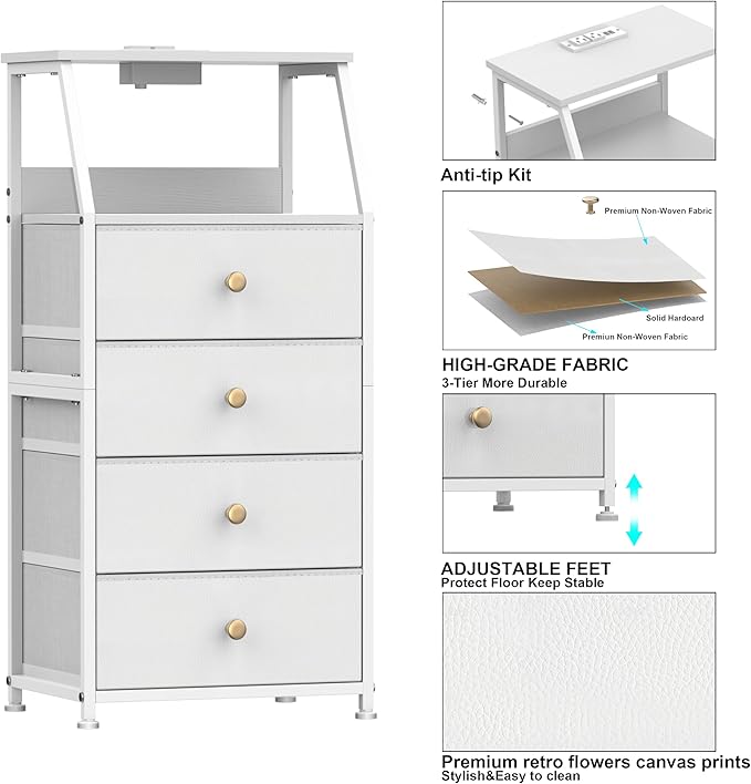 Tohomeor Dresser with Fabric Drawers Nightstand with 2 Tier Shelf Storage Tower for Bedroom Hallway Entryway Closet Organizer Sofa Beside Table Furniture (White, 4 Drawers)