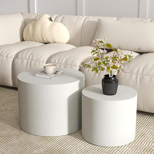 Nesting Coffee Table Set of 2, White Round Nesting Table Modern Circle Coffee Tables Side End Tables for Small Spaces Living Room, Bedroom, Office, Balcony