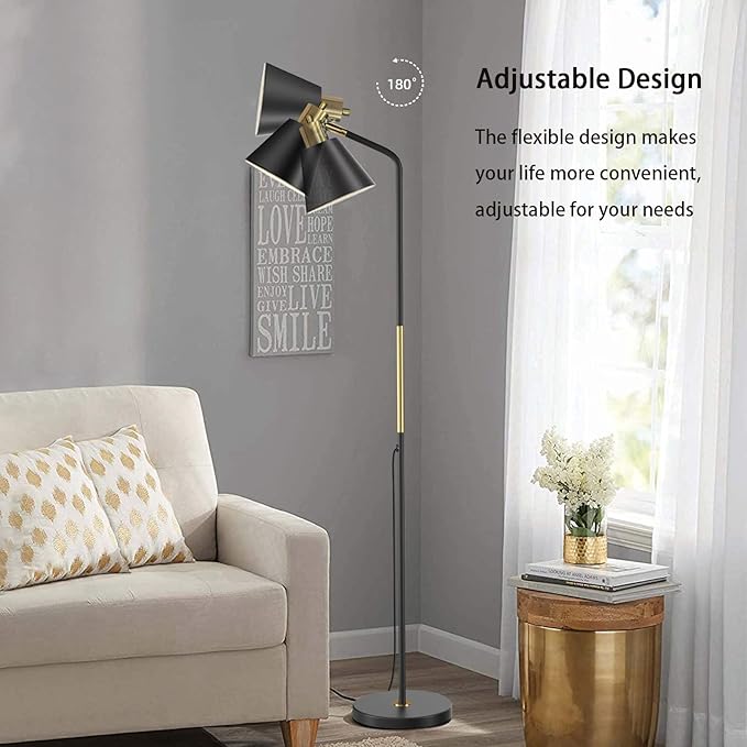 Industrial Floor Lamps for Living Rooms & Bedrooms - Rustic Farmhouse Reading Lamp - Standing, Adjustable Metal Heads Indoor Task Lighting for Living Room Bedroom Office Home Décor (Black-Large)