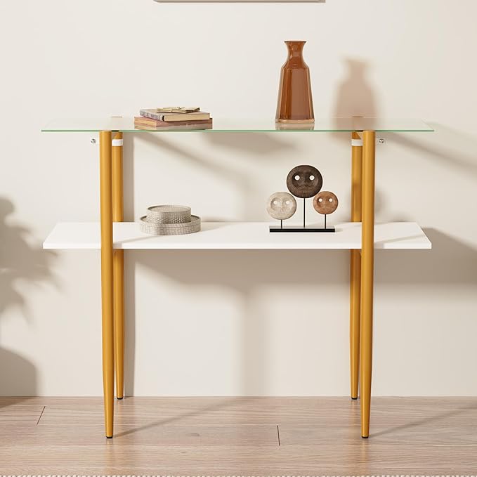 Glass Sofa Table, Mid-Century Modern Entryway Table with Tempered Glass & Golden Legs, 2-Tier Behind Couch Table for Living Room Hallway Entrance, White