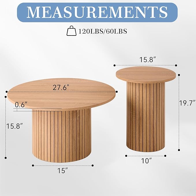 Small Nesting Table Set of 2 Mid Century Modern Wood Round Coffee Tables Boho Circle Side Table for Small Spaces Living Room Comedor Home Office(Natural)