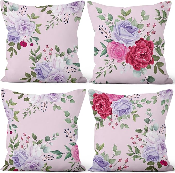Purple Floral Throw Pillow Covers 20"x20" Set of 4, Spring Countryside Flowers Couch Pillowcases Decorative Square Cushion Covers for Chair Sofa Bed Living Room Garden Car Indoor Outdoor